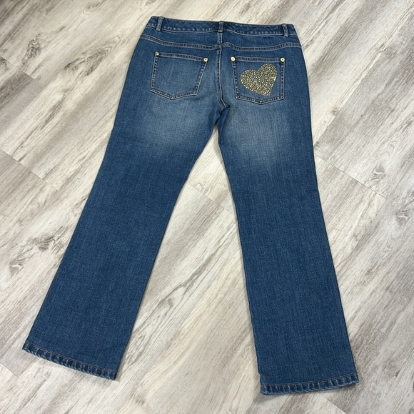 Vintage Y2K St. John Low Rise Flare Jeans Gold Rhinestone Heart Detail / Size 6 - Picture 7 of 11